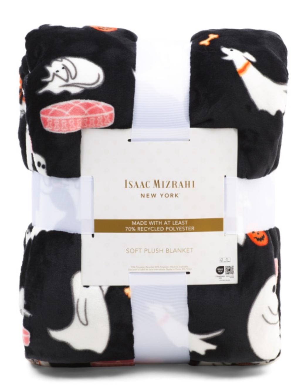 Isaac Mizrahi Black Plush Blanket with White Ghosts and Orange Accents